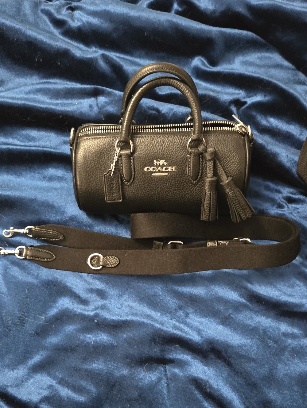 Coach Black Pebbled Leather Mini Barrel Bag with Tassel